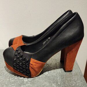 Kvoll Orange-Brown and Black Spike Studded Suede Heels